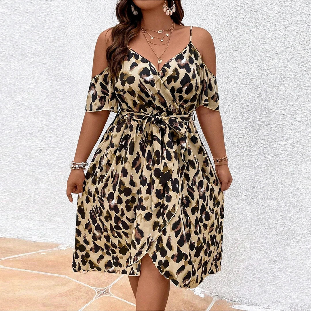 Plus Size Leopard Print V Neck Dress