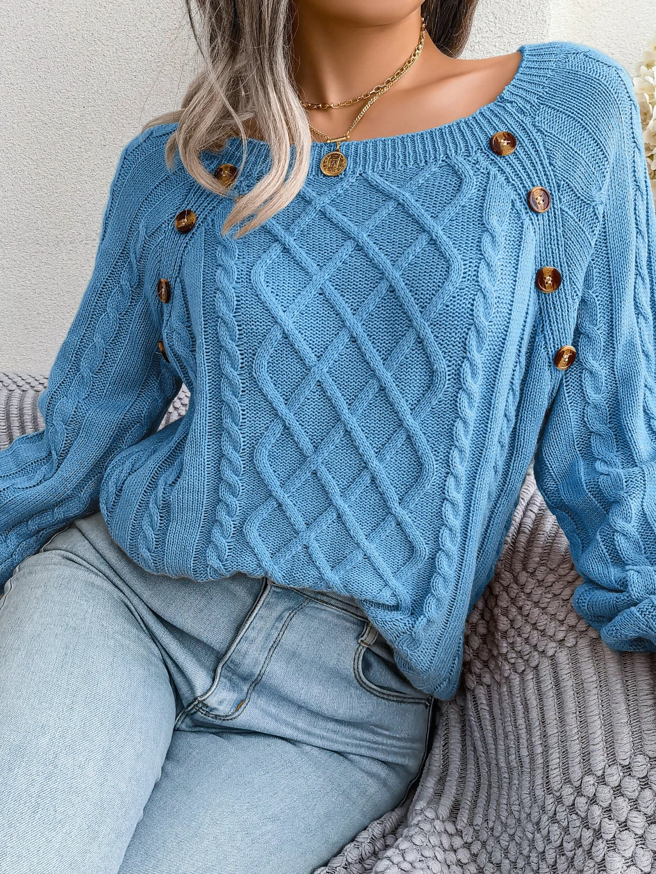 Casual Square Collar Buttons Long Sleeve Knitted Pullover