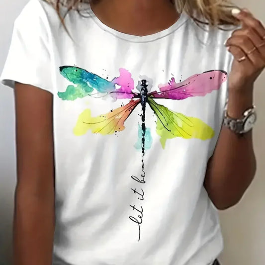 Plus Size Casual Dragonfly & Art Letter Print T-shirt