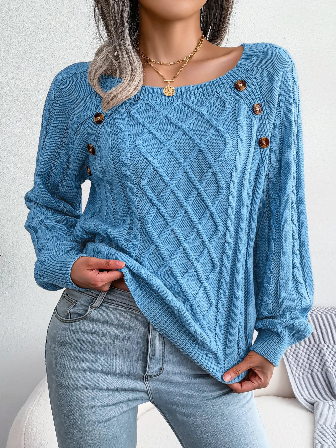 Casual Square Collar Buttons Long Sleeve Knitted Pullover