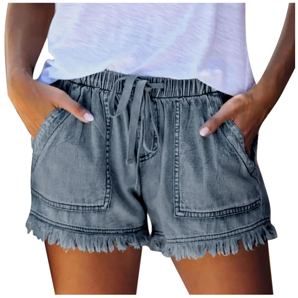 Drawstring Elastic Waisted Casual Denim Shorts with Pocket