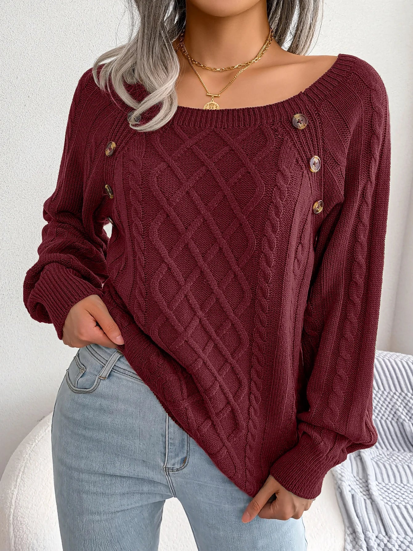 Casual Square Collar Buttons Long Sleeve Knitted Pullover