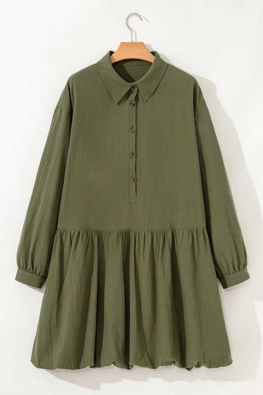 Plus Size Collar Half Button Long Sleeve Ruffle Hem Mini Dress