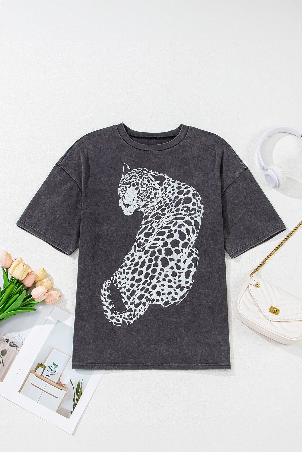 Vintage Cheetah Printed Mineral Wash Graphic Tee