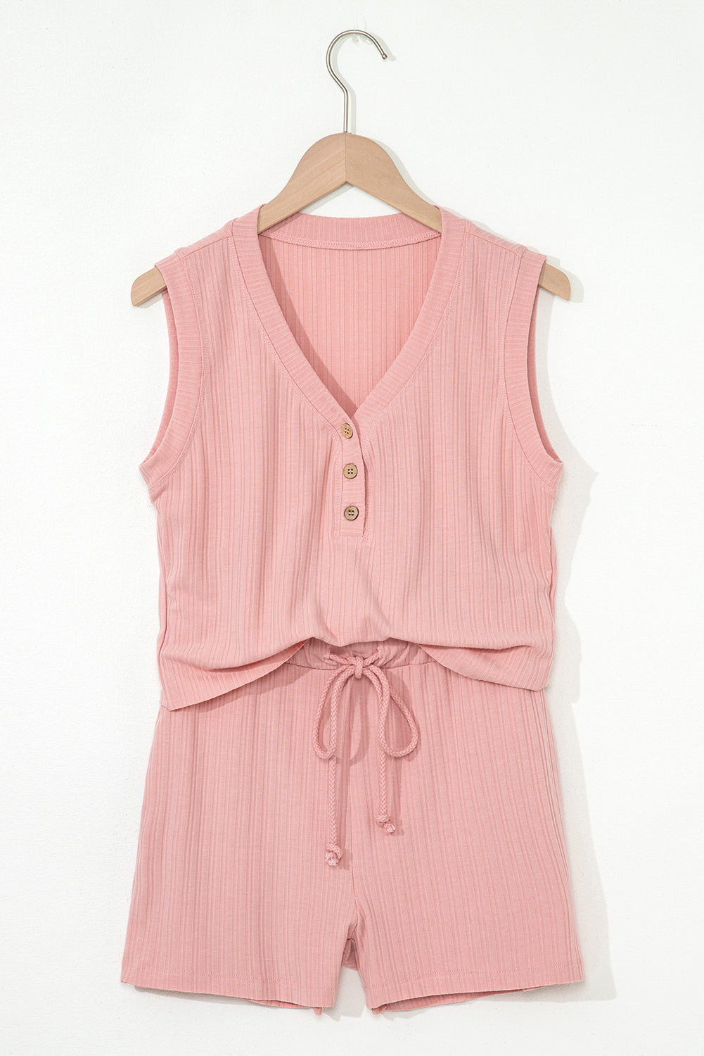 Ribbed Button V Neck Tank Top and Shorts Set
