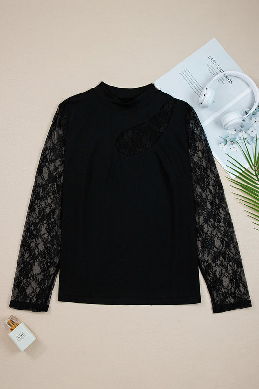 Plus Size Lace Patchwork Asymmetric Cutout Sheer Long Sleeve Top