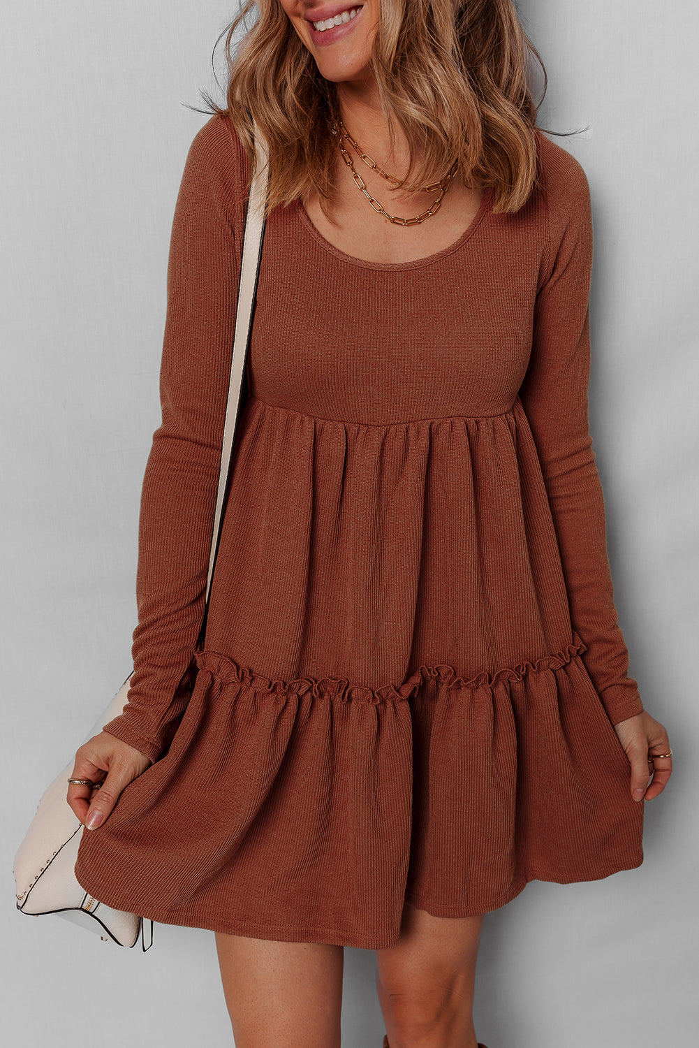 Ribbed Frilled Trim High Waist Long Sleeve Mini Dress