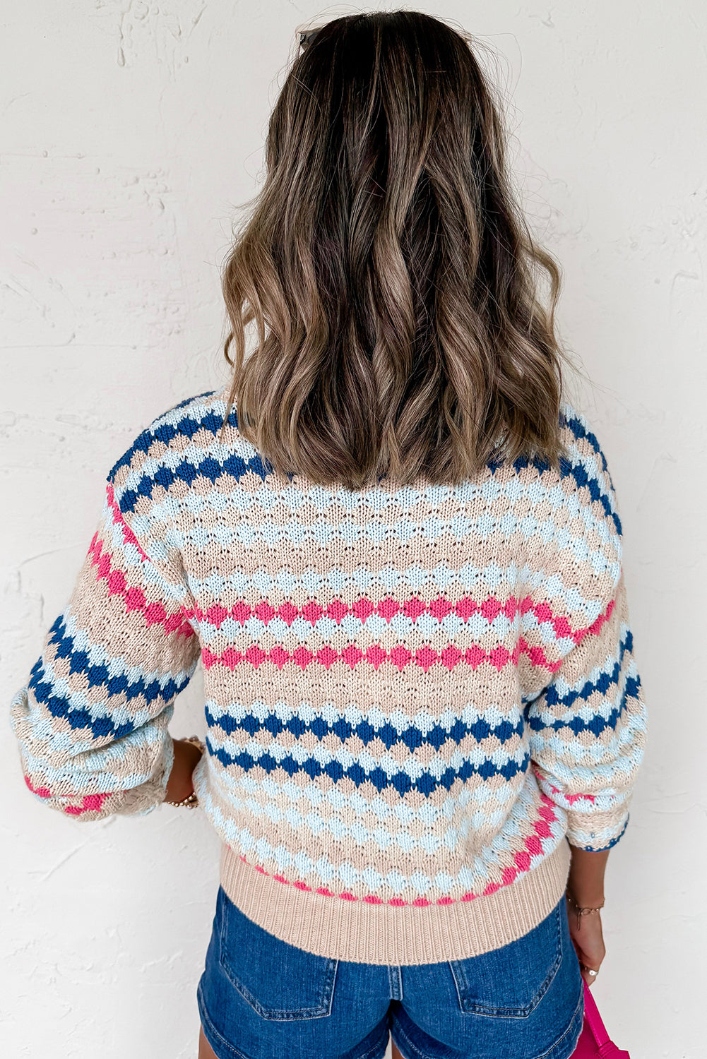 Stripe Eyelet Patterned Drop Shoulder Sweater