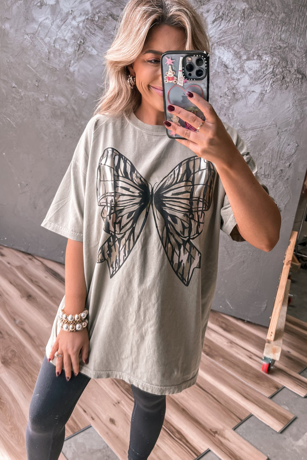Oversize Big Bow Printed Drop Shoulder Tunic Casual Tee
