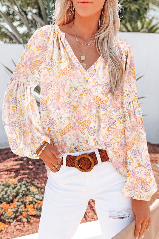 Floral Print V Neck Long Puff Sleeve Top