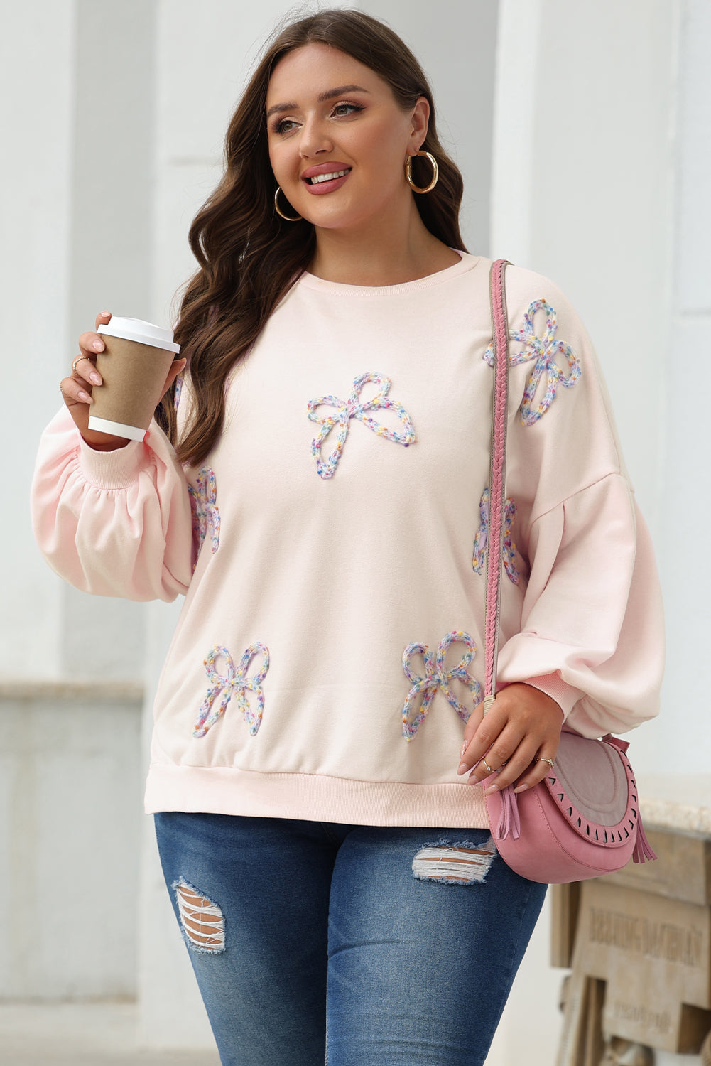 Embroidered Bow Lantern Sleeve Oversized Pullover Sweatshirt