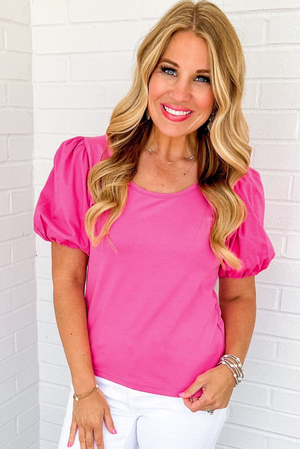 Casual Round Neck Bubble Sleeve T-shirt