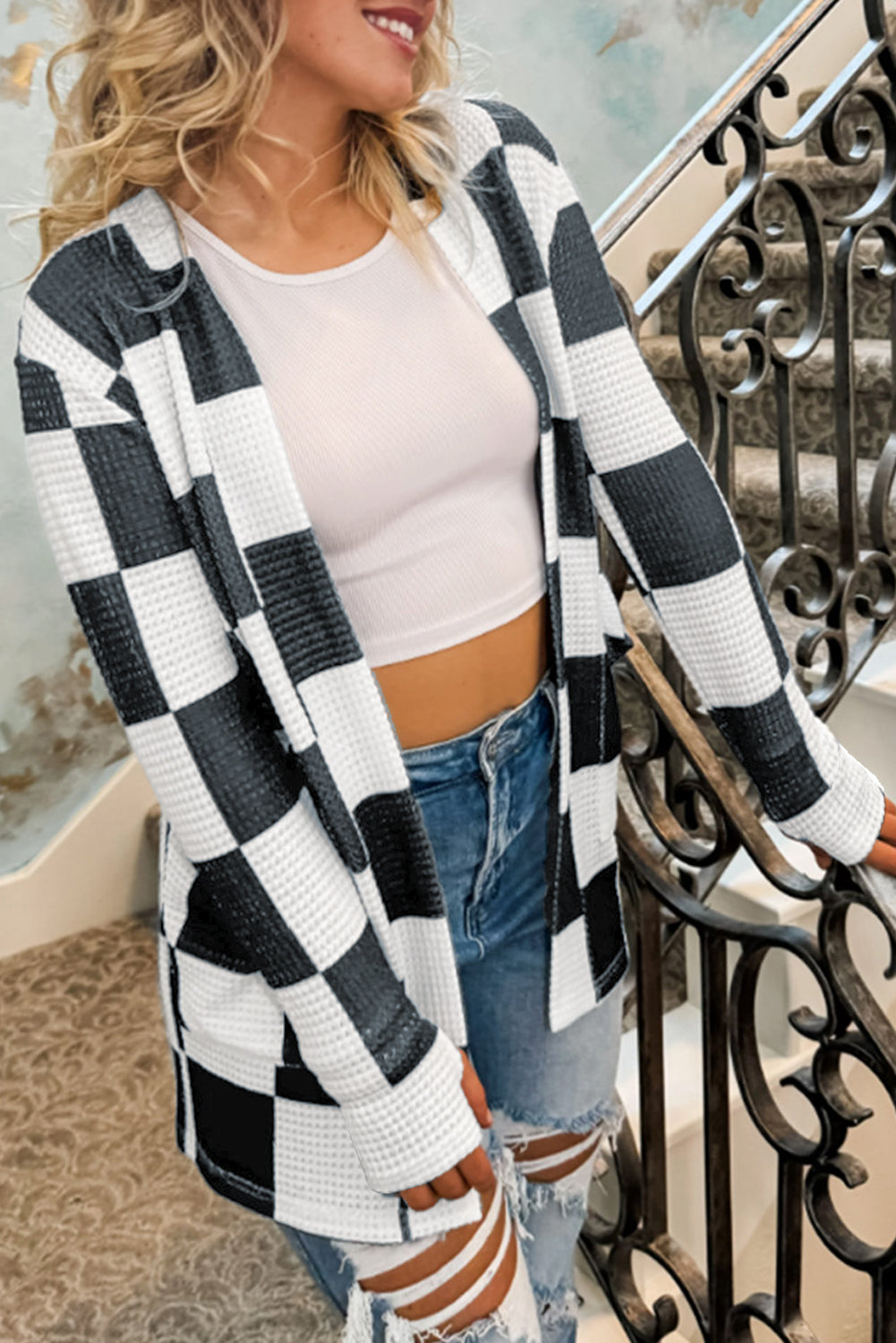 Checkered Waffle Knit Thumbhole Open Front Cardigan