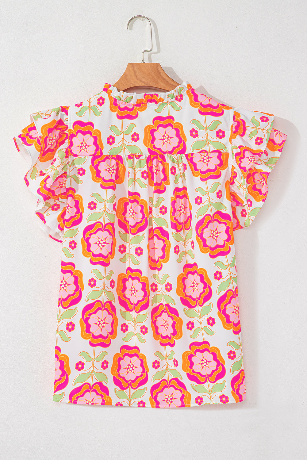 Floral Ruffled Sleeve Ric-rac Trim Split Neck Loose Blouse