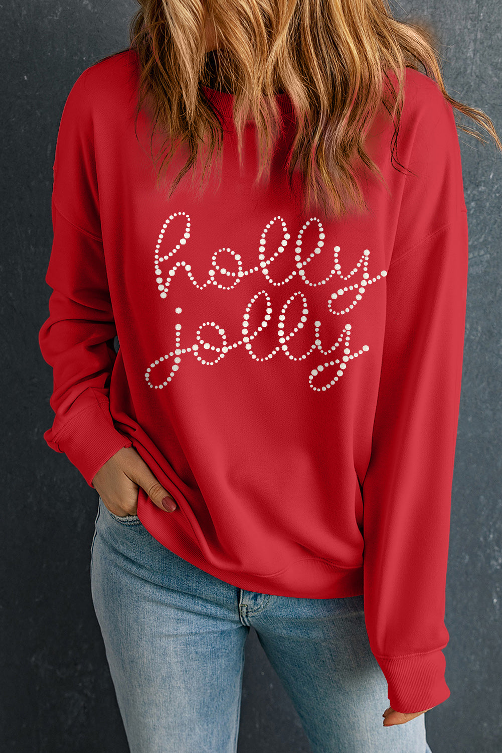 Christmas holly jolly Ceramic Rhinestone Letter Graphic Sweatshirt