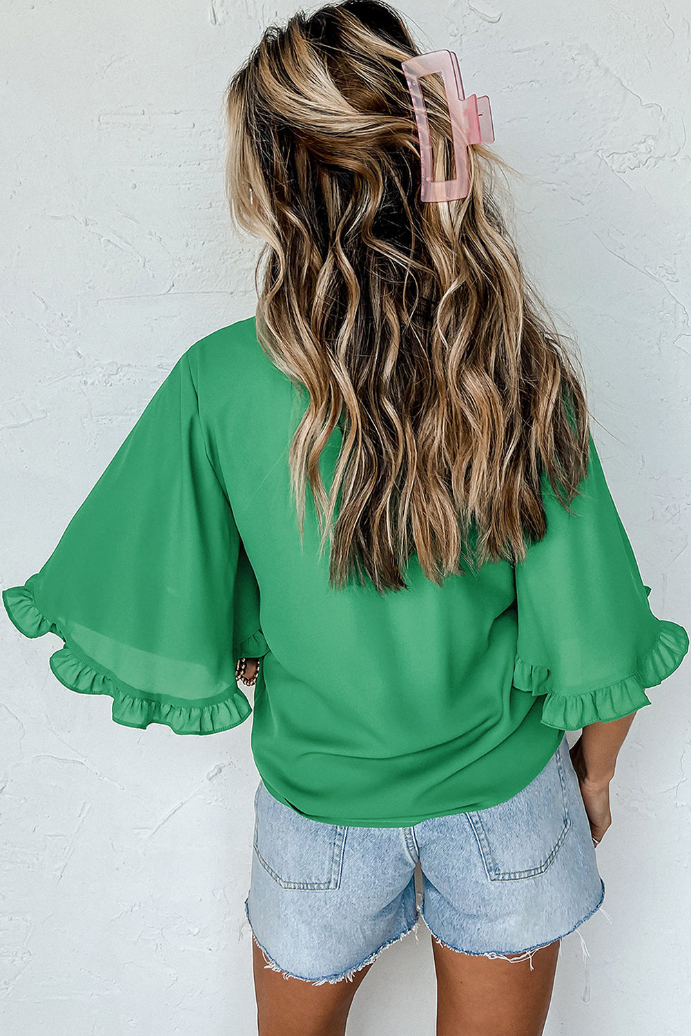 Frilly Round Neck Wide Half Sleeve Blouse