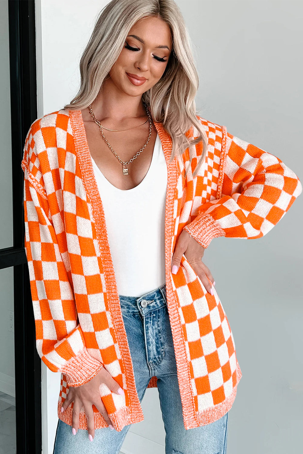 Checkered Open Front Drop Shoulder Cardigan