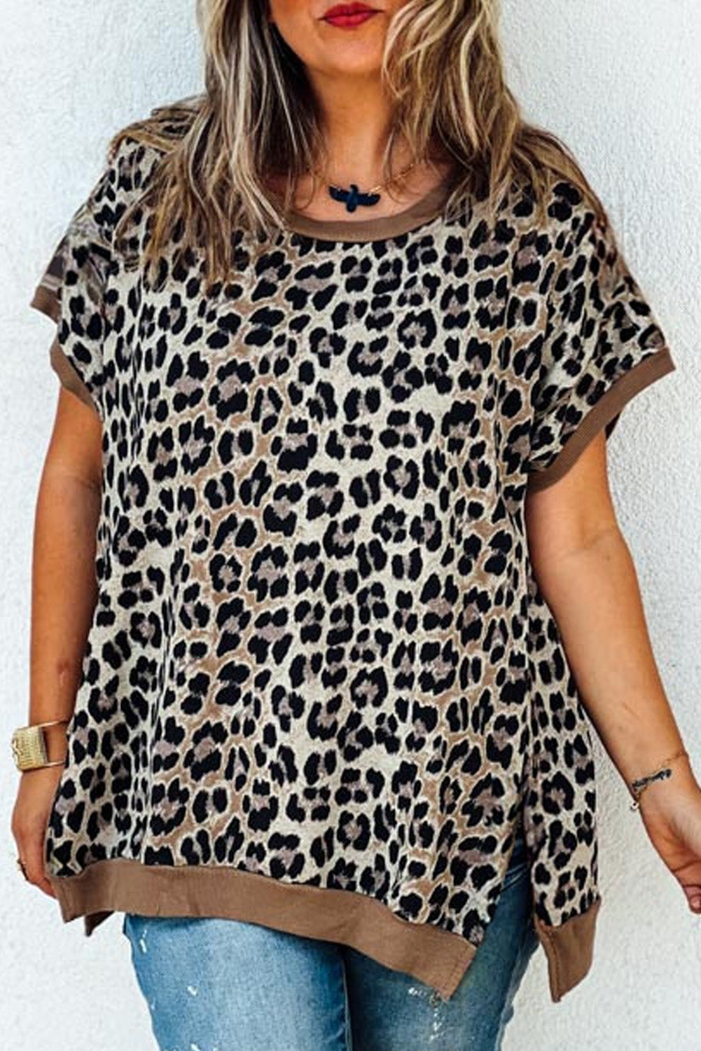 Leopard Contrast Trim Short Sleeve Loose Plus Size Top