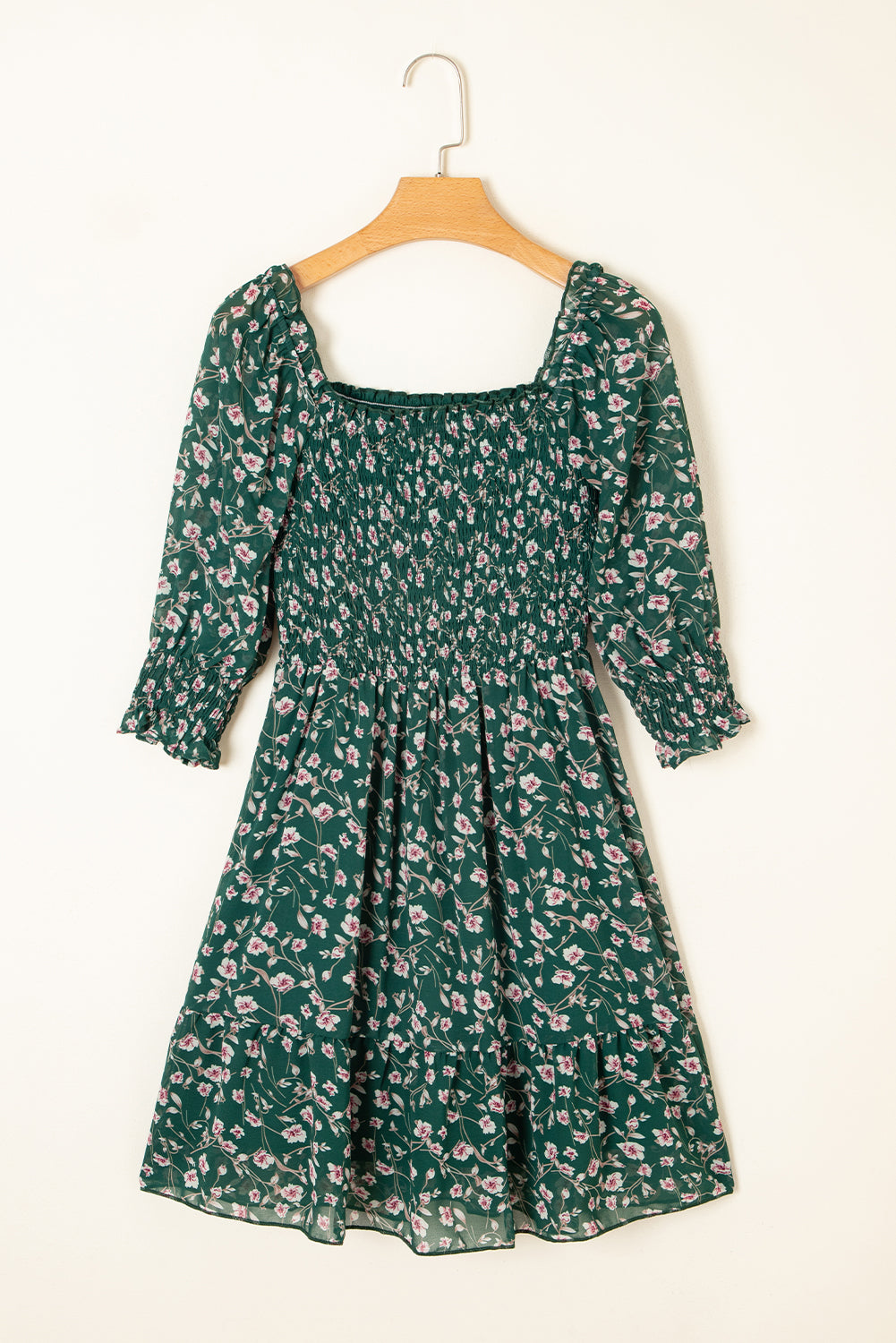 Smocked Square Neck Puff Short Sleeve Floral Dress