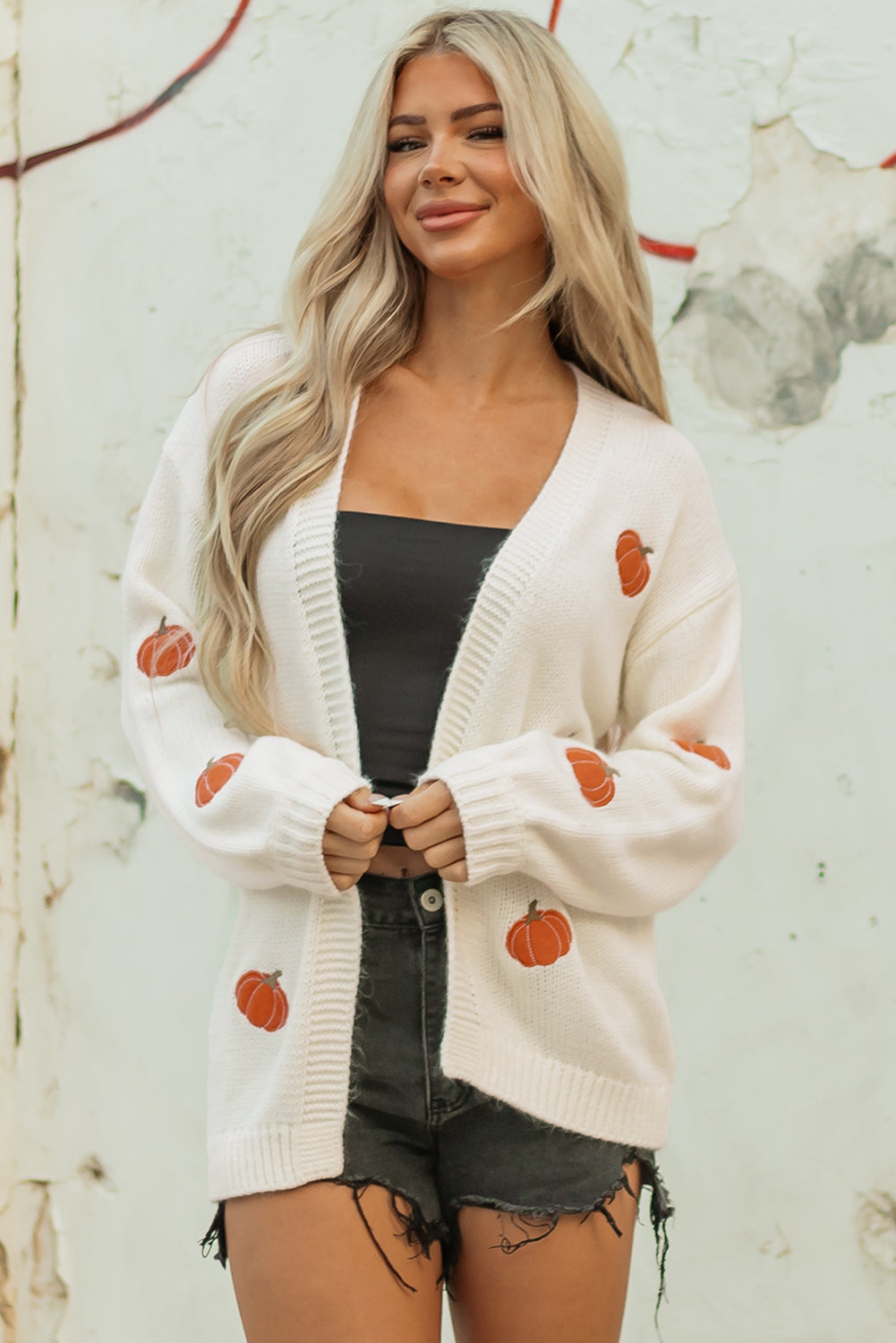 Pumpkin Print Open Front Drop Shoulder Midi Cardigan