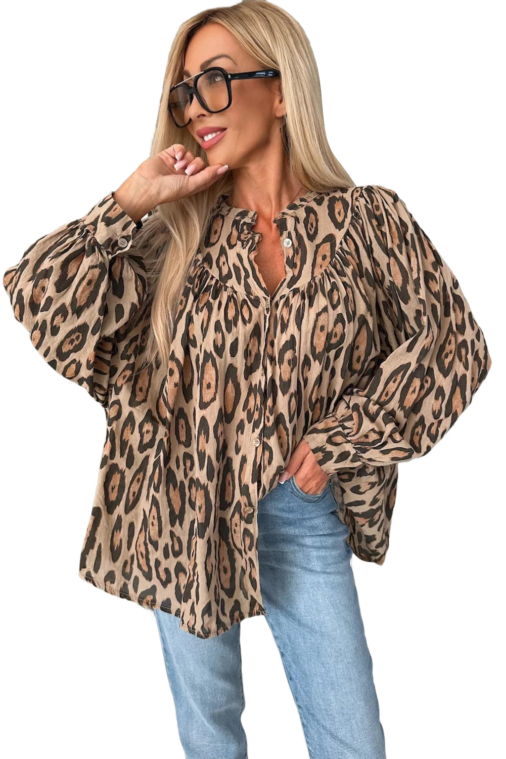 Oversized Leopard Print Balloon Sleeve Casual Shirt