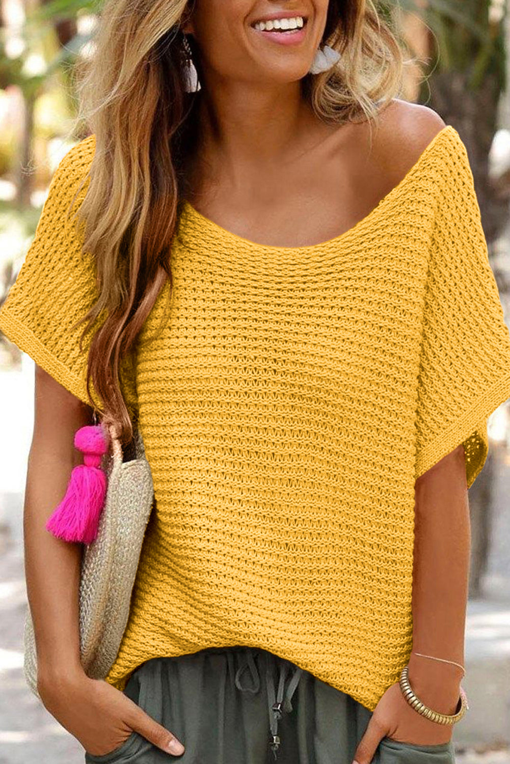 Solid Loose Knit Short Dolman Sleeve Sweater