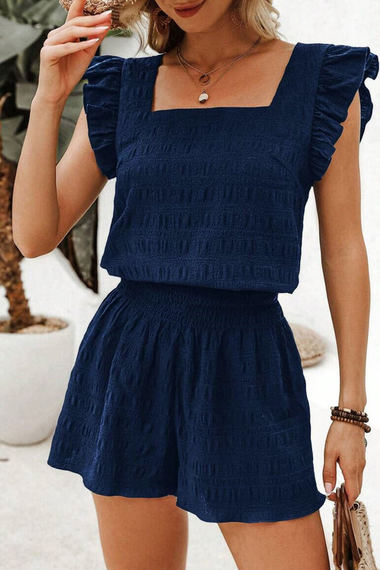 Textured Square Neck Top and Shirred High Waist Shorts Set