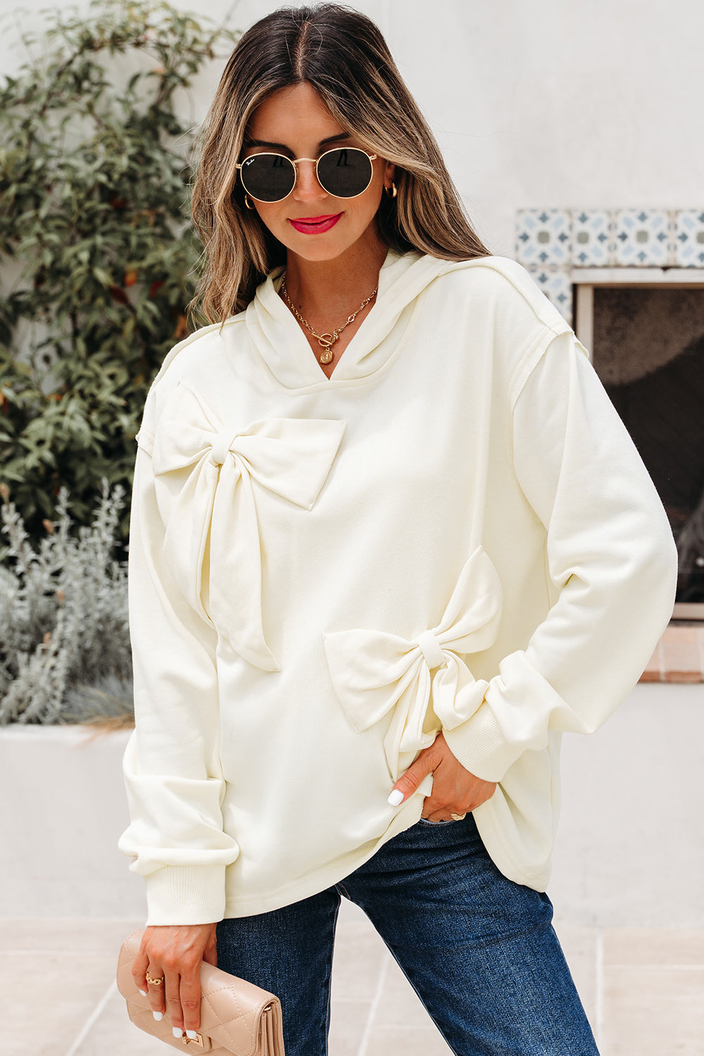 Solid Color Cute Bow Detail Loose Hoodie