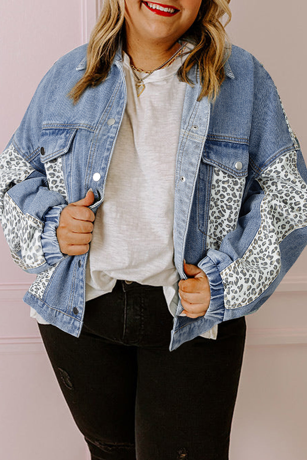 Leopard Patchwork Flap Detail Plus Size Denim Jacket