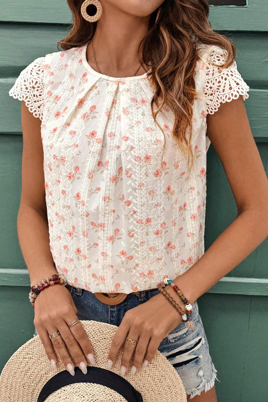 Floral Print Embroidery Detail Crochet Cap Sleeve Blouse