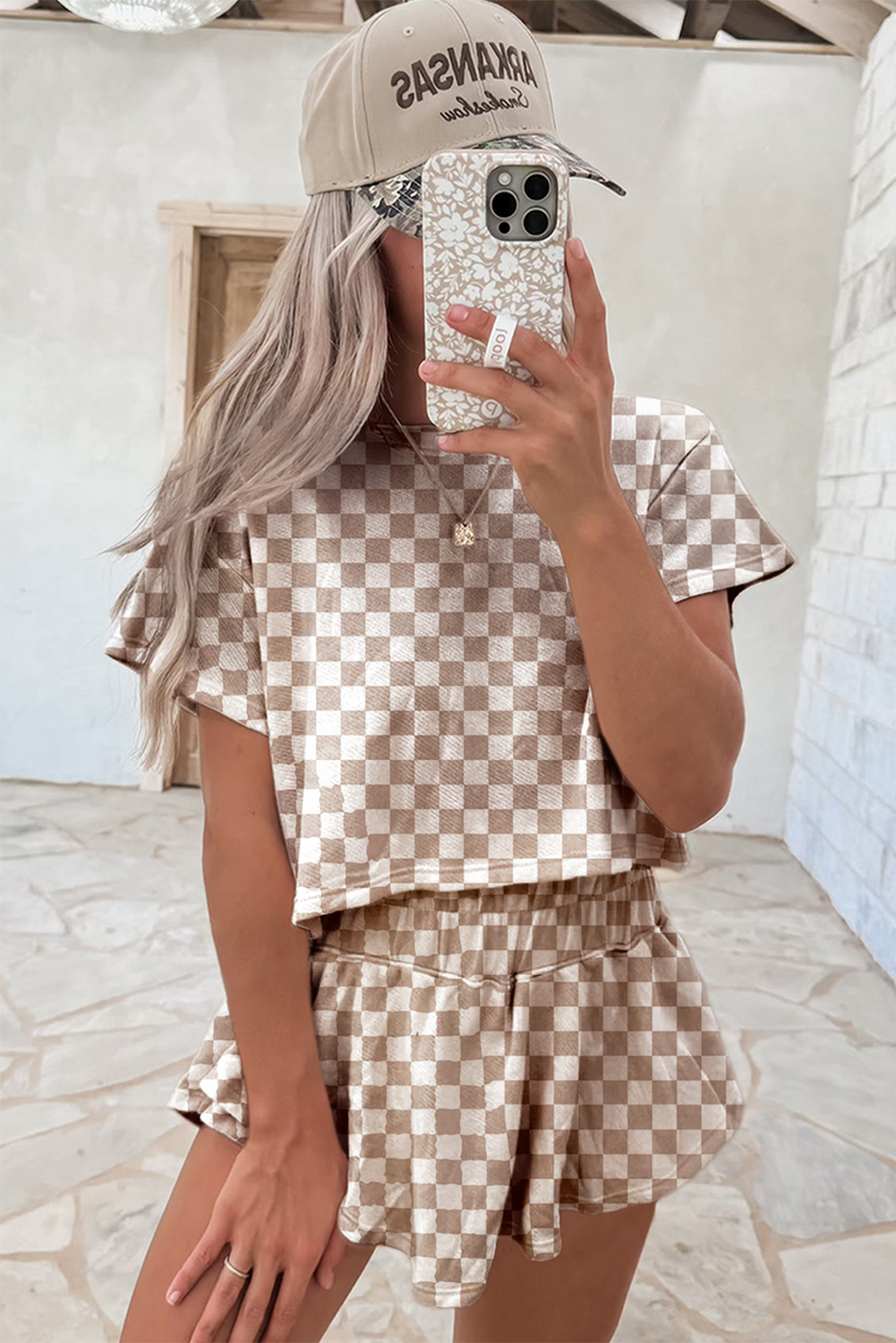 Checkerboard T Shirt and High Waist Skorts 2 Piece Outfit