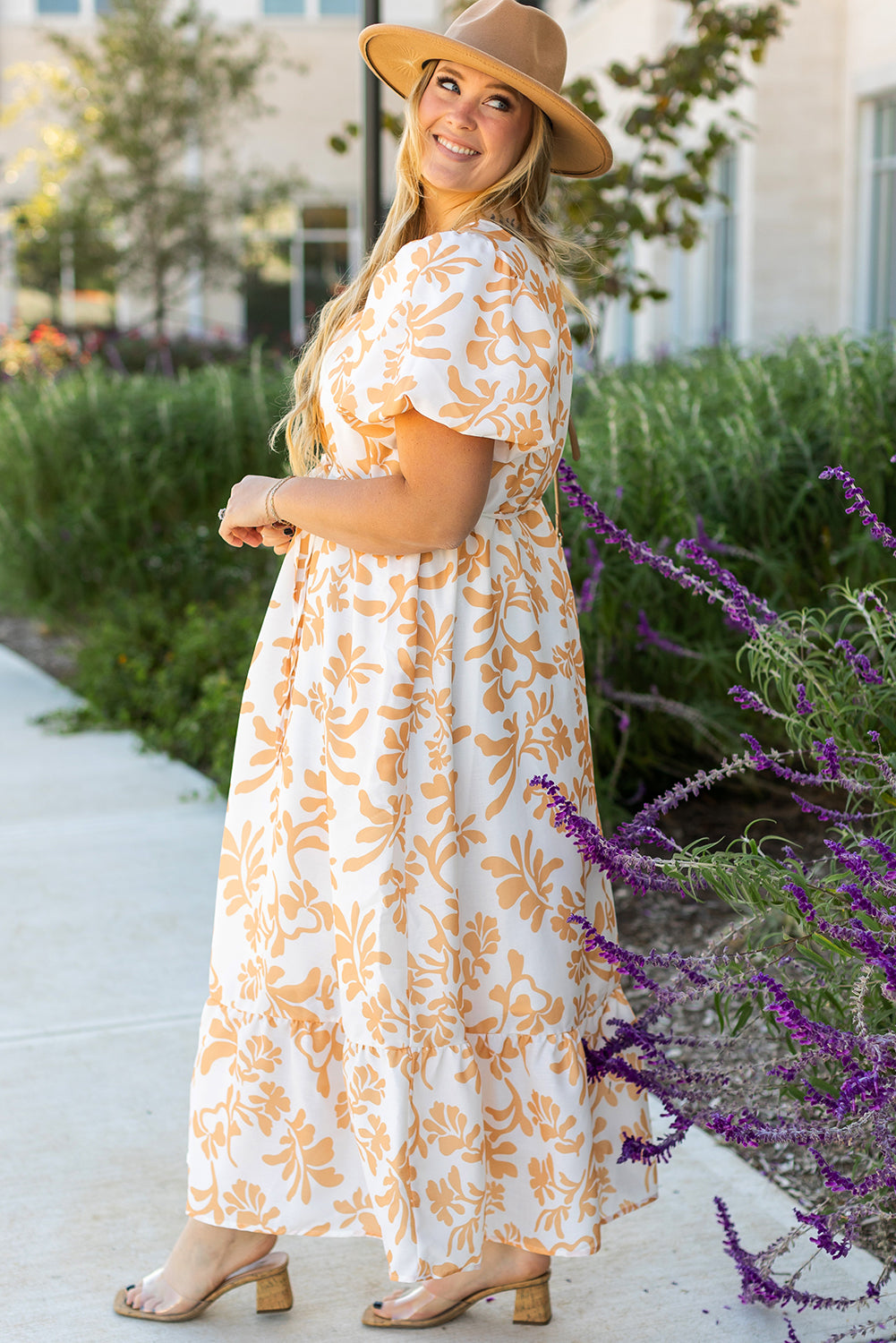 Floral Print Puff Short Sleeve Resort Plus Size Maxi Dress