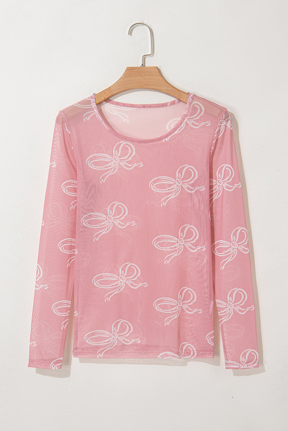 Round Neck Bow Print Long Sleeve Mesh Top