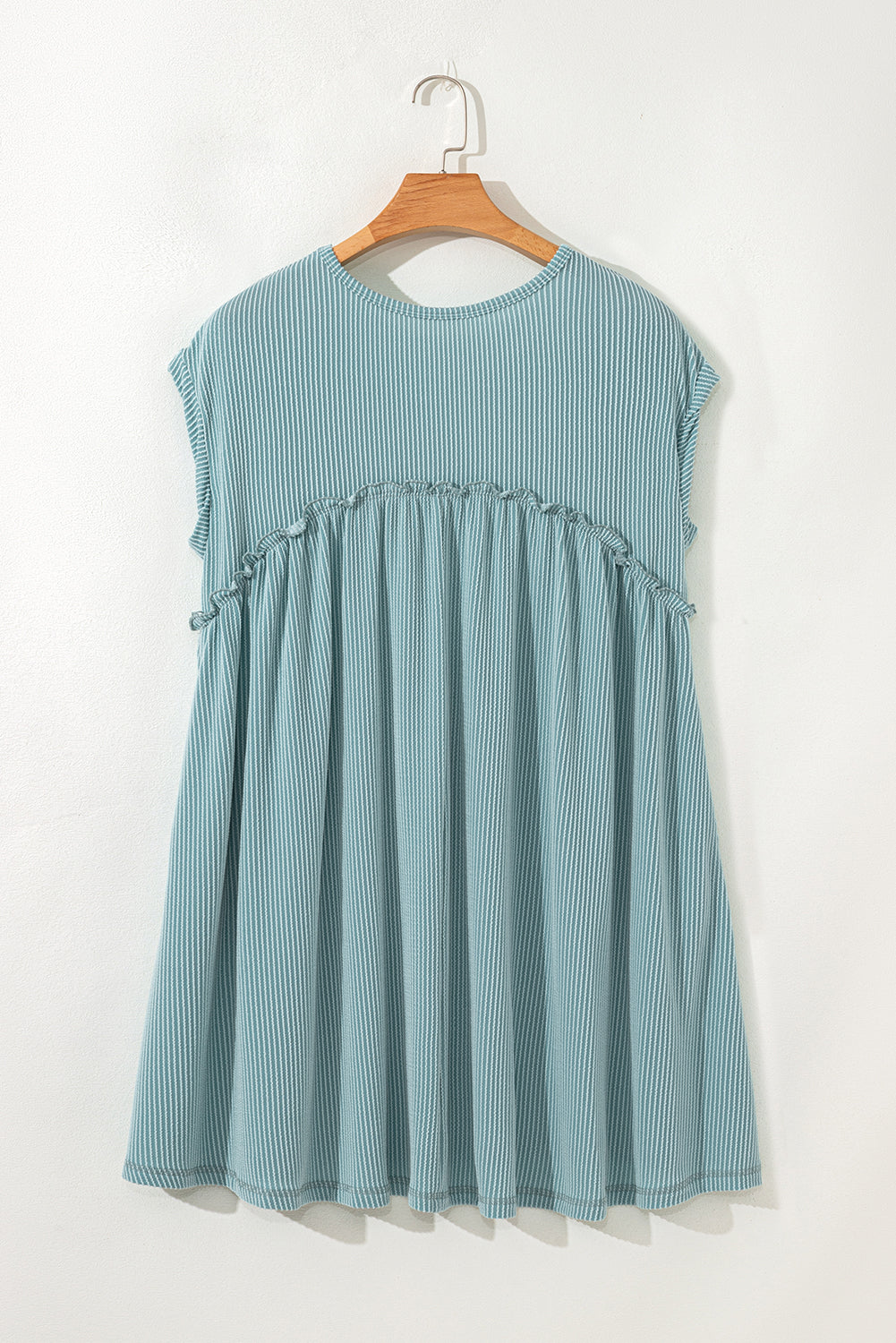 Corded Knit Textured Patched Pocket Frilled Swing Mini Dress with Pockets