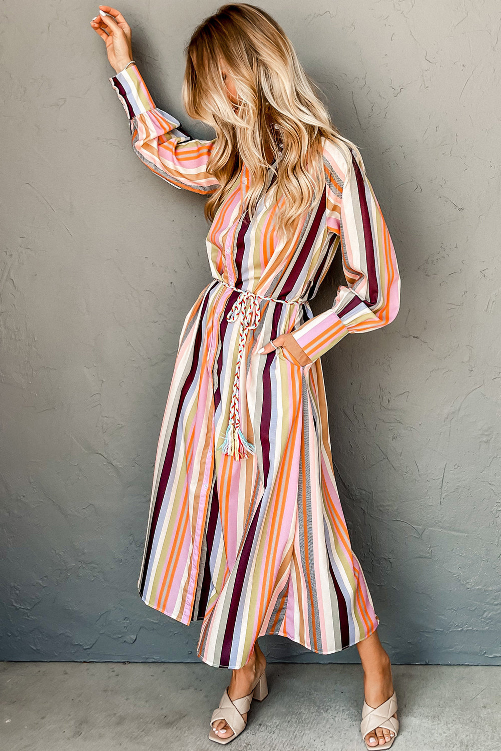 Multicolor Striped Cuffed Sleeve Tassel Tied Shirt Maxi Dress