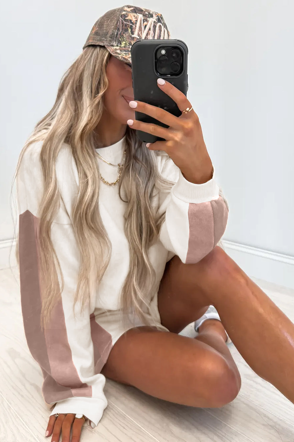 Color Block Patchwork Drop Shoulder Pullover Casual Shorts 2pcs Outfit