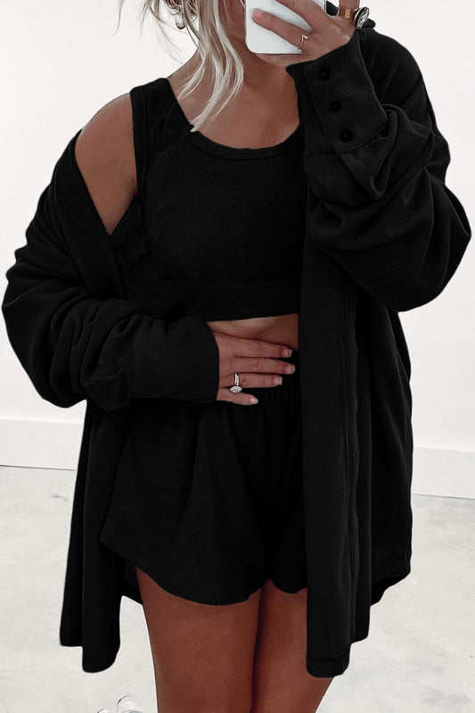 3 Pcs Crop Tank Top Shorts with Cardigan Lounge Set