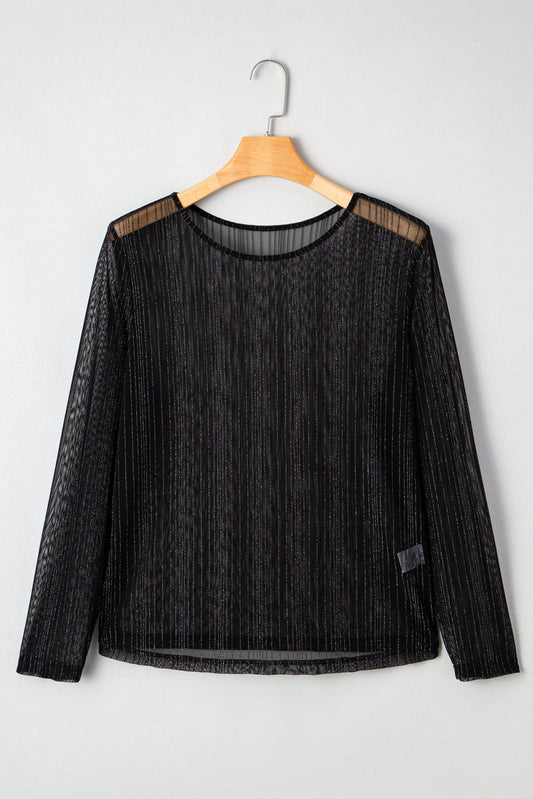 Plus Size Shimmer Textured Mesh Fitted Long Sleeve Top