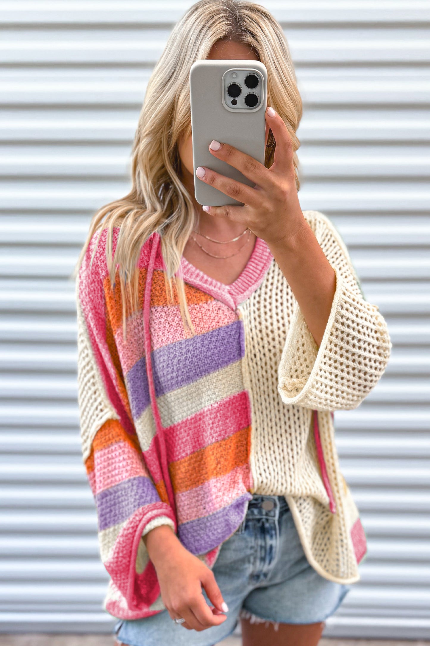 Oversized Colorblock V Neck Hooded Sweater