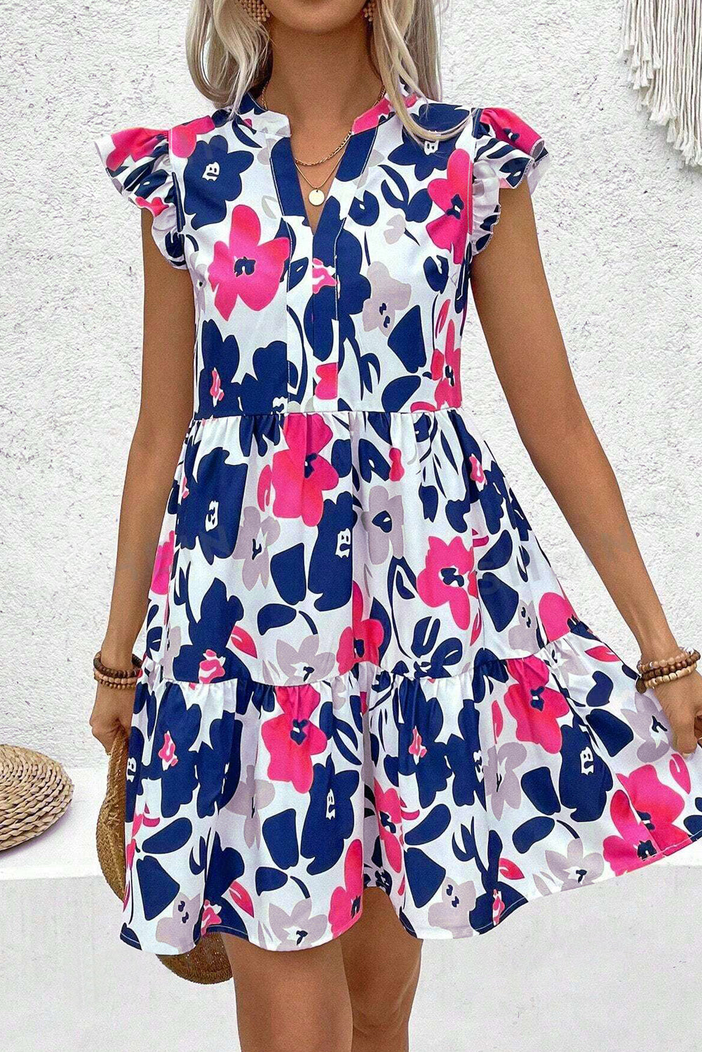 Floral Print Notched Neck Flutter Sleeve Mini Dress
