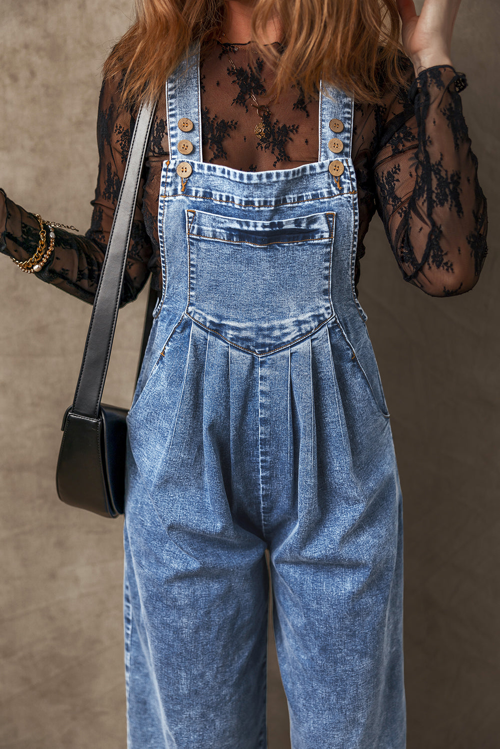 Mineral Wash Buttoned Straps Wide Leg Denim Overalls