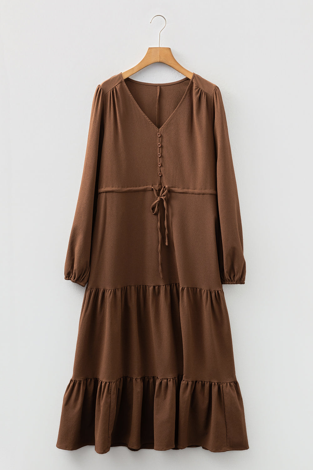 Solid Long Sleeve Button V Neck Tiered Maxi Dress