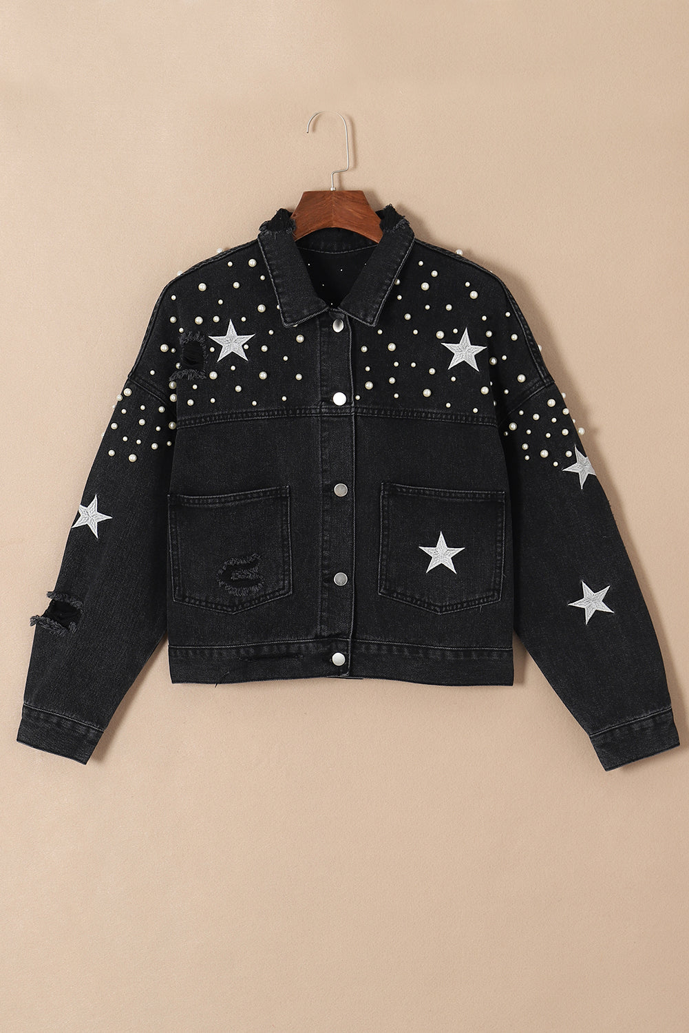 Distressed Pearls Star Cropped Denim Jacket