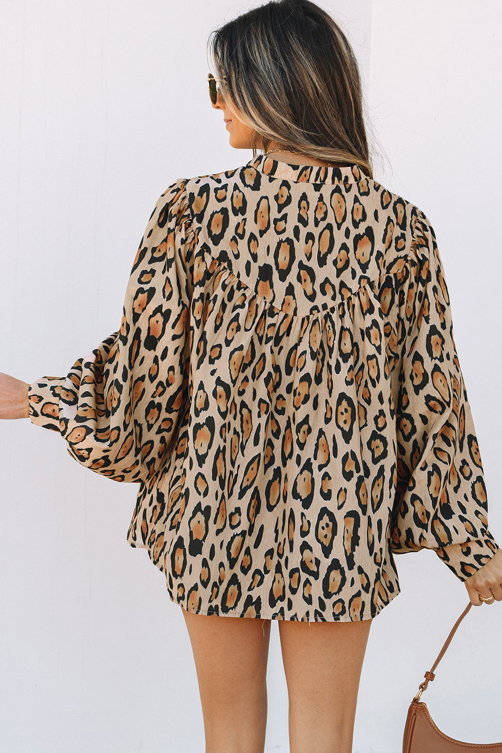 Oversized Leopard Print Balloon Sleeve Casual Shirt