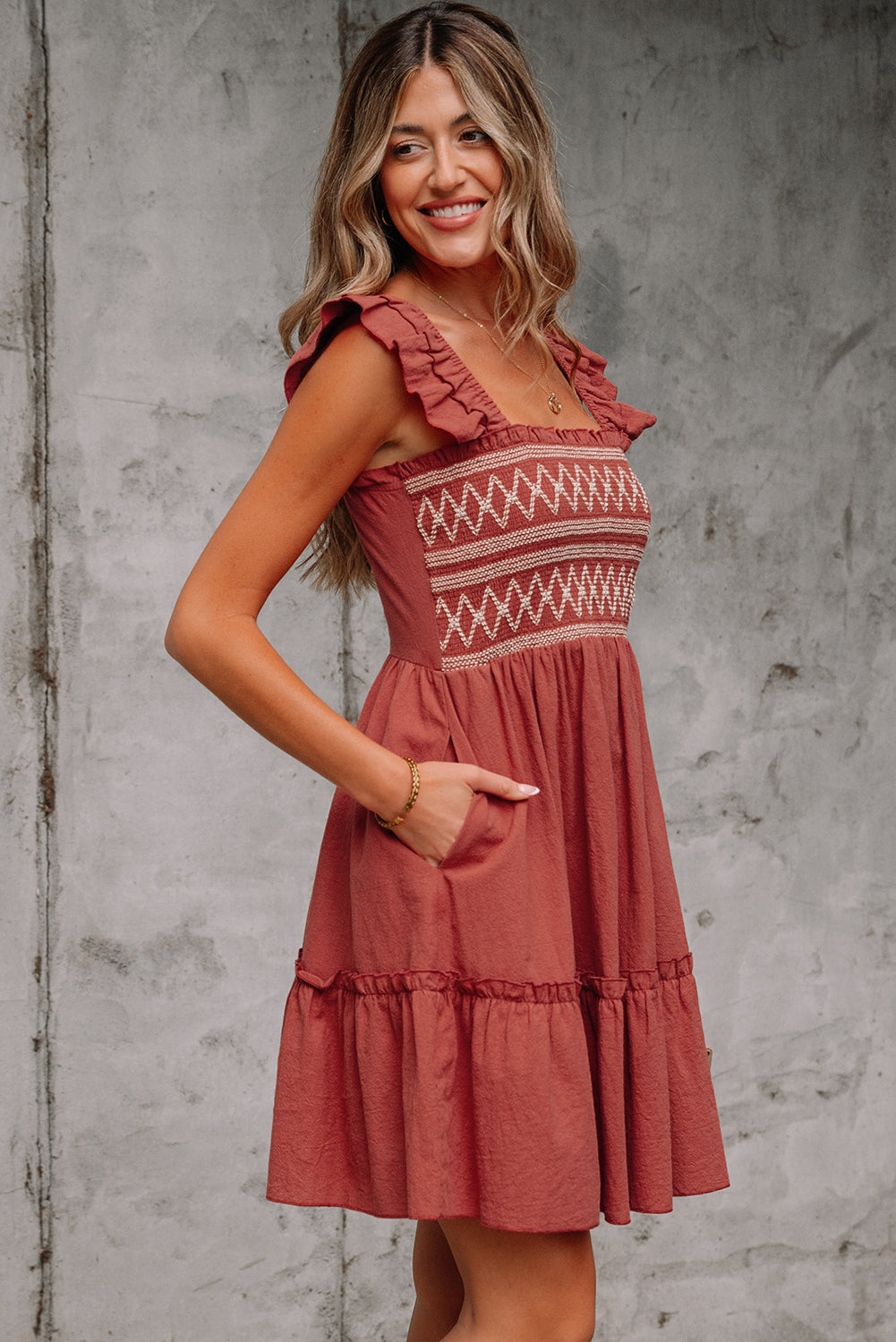 Geometric Stitch Shirred Bodice Ruffled Trim Sleeveless Mini Dress