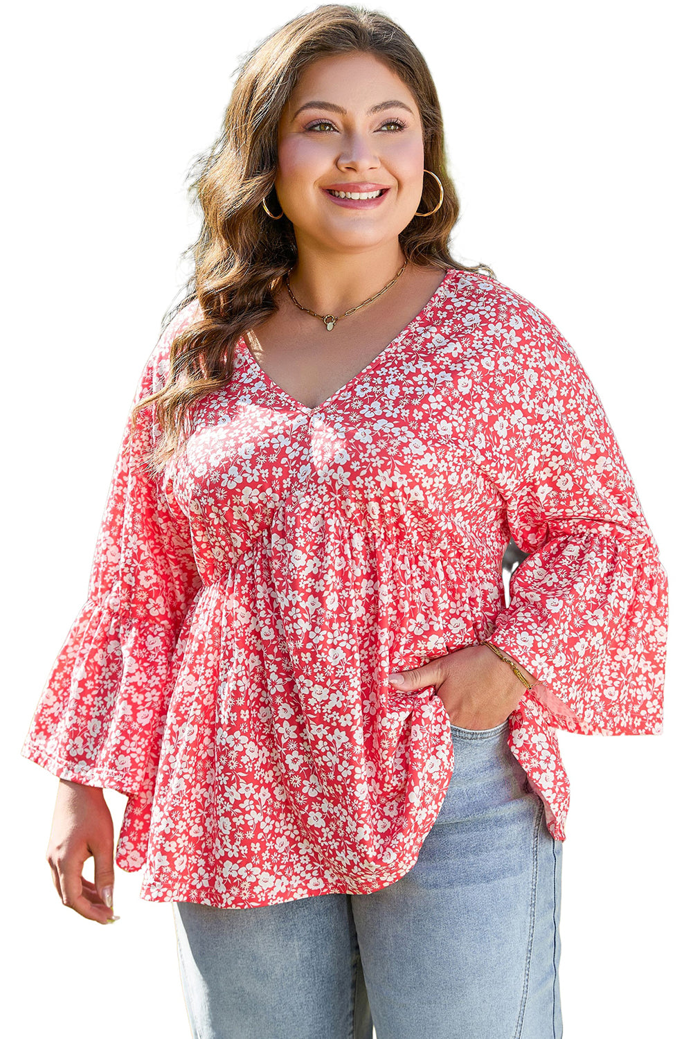 Plus Size Floral V Neck Flared Bracelet Sleeve Blouse