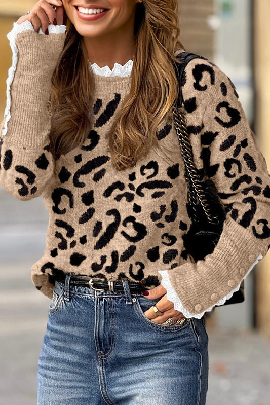 Leopard Pattern Lace Ribbed Detail Button Cuffed Sweater