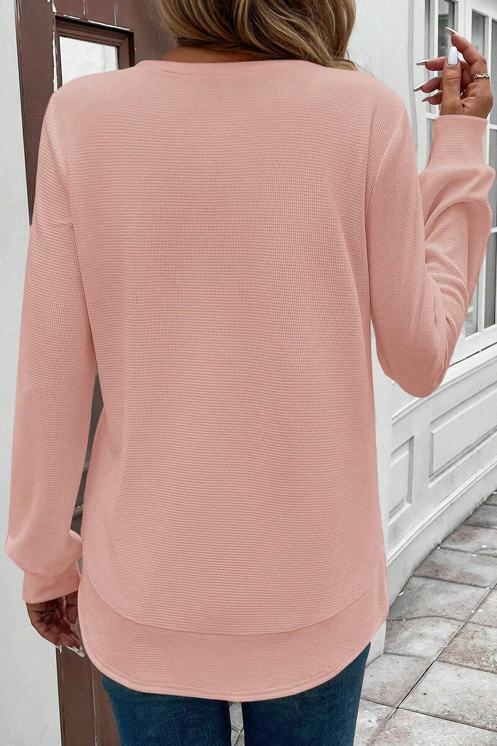 Rounded Hem Waffle Long Sleeve Top