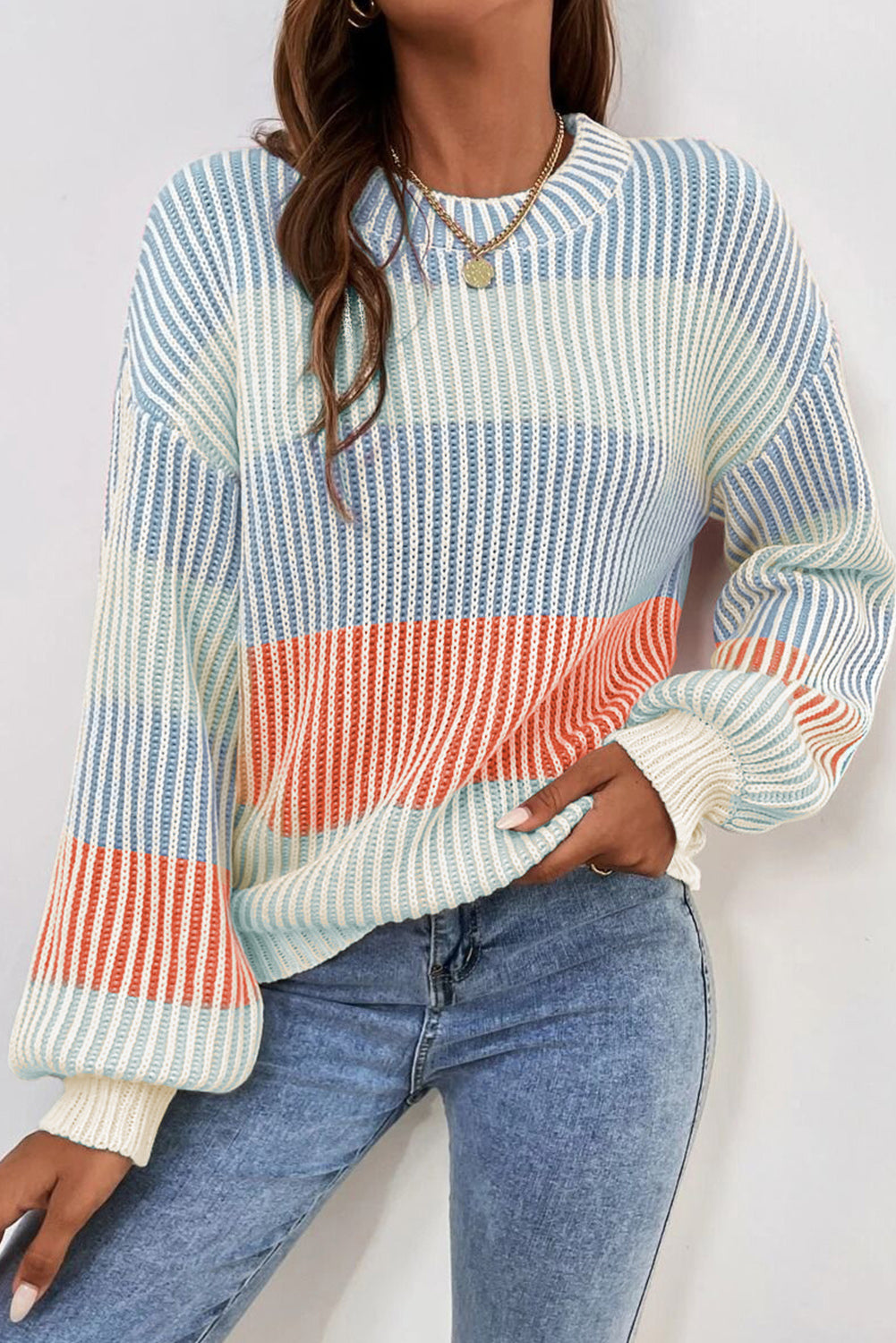 Colorblock Textured Knit Bubble Sleeve Sweater