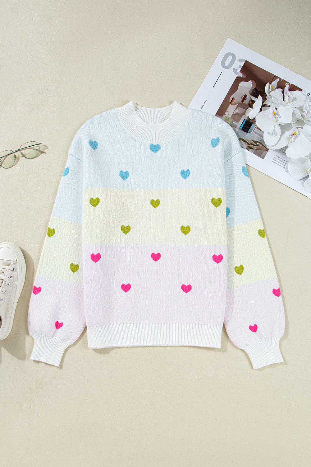 Heart Pattern Colorblock Knit High Neck Baggy Sweater